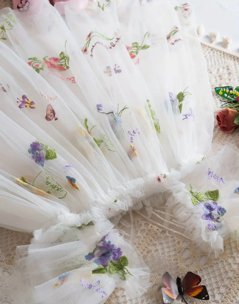 Girl’s Tulle Dress featuring Butterfly and Flower Embroidery