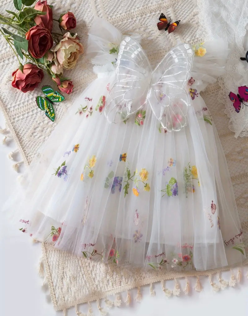 Girl’s Tulle Dress featuring Butterfly and Flower Embroidery