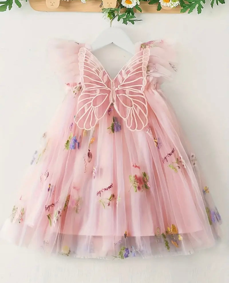 Girl’s Tulle Dress featuring Butterfly and Flower Embroidery