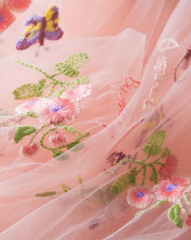 Girl’s Tulle Dress featuring Butterfly and Flower Embroidery